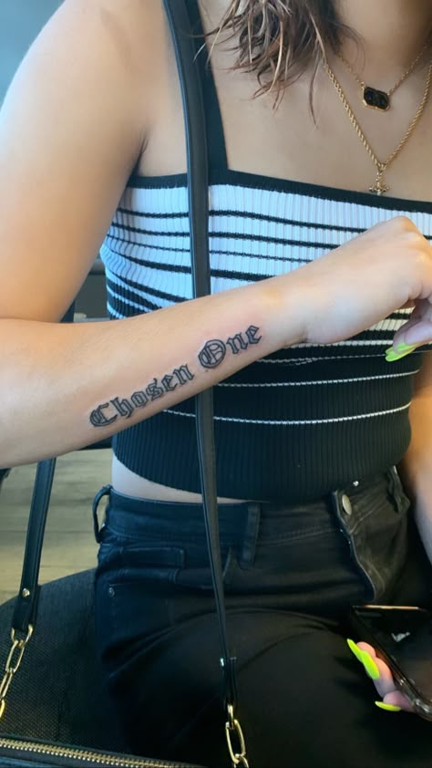 Tattoo Sleeves With Words, Chosen 1 Tattoo Men Forearm, Chosen One Tattoo Design, Cristian Tattoo For Men, Chosen Tattoo Words, Chosen Tattoos For Women, Chosen 1 Tattoo Design, Chosen One Tattoo Men, The Chosen One Tattoo