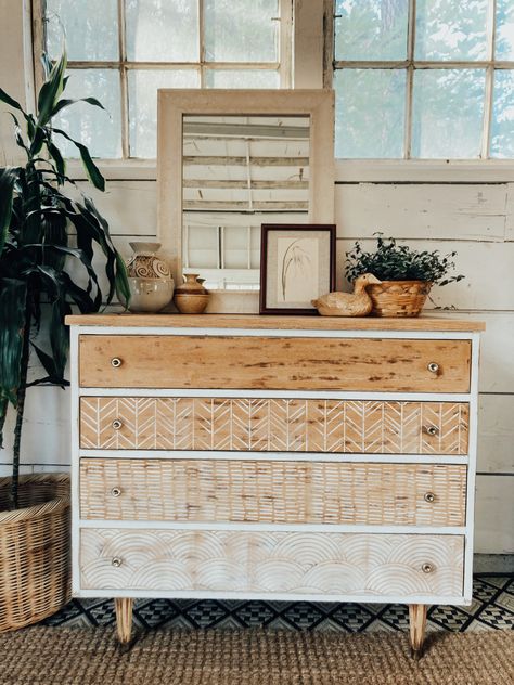 White And Wood Boho Dresser, Decoupage Drawer Fronts, Chest Dresser Makeover, Stencil Dresser Drawers, Boho Dresser Flip, Plaster Dresser, Boho Furniture Painted, Painted Dresser Ideas Boho, Dresser Makeover Boho