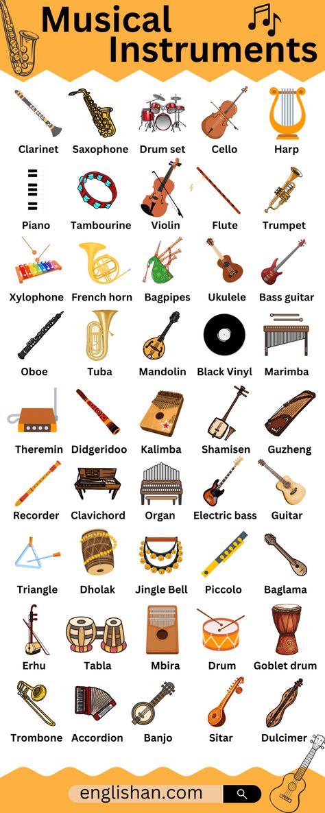 Learn Musical instruments Names with Pictures Musical Instruments Names, Different Musical Instruments, Music Instruments Pictures, Easiest Instrument To Learn, Pictures Of Musical Instruments, Different Instruments, Musical Instruments Aesthetic, Types Of Music Genres, Types Of Musical Instruments