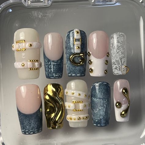 Denim birthday nails for @gigigii___ we love youuuu 🦋👖💙🐬 Two Colour Nails Designs, Nail Layout Design, Artistic Nail Art, Nails With Numbers On Them, Writing On Nails, Denim Nails Ideas, Artistic Nails Design, Elaborate Nail Art, I Love Me Nails