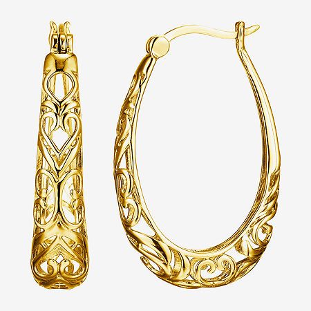 Features: Quick ShipEarring Back: FrictionMetal Color: YellowEarring Length: 32.2mmEarring Width: 7.2mmCare: Wipe CleanEarrings Style: Hoop EarringsMetal: 18k Gold Over SilverCountry of Origin: Imported Popular Gold Earrings, Accessories For Shifting, Gold Dangle Earrings Classy, Gold Hoop Earrings Antique, Melted Gold Jewelry, Aesthetic Hoop Earrings, Mexican Earrings Gold, Local Eclectic Jewelry, Silver Hoop Earring Stack