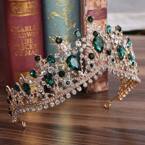 Emerald Green Gold Crown, Emerald Green And Gold Wedding Crown, Emerald Green Heart Tiara, Bridal Tiara Green, Emerald Green Crown Big, Emerald Green Dress Accessories Quinceanera, Emerald Crystal Crown, Emerald Green Quince Dress Tiara, Quinceanera Crown