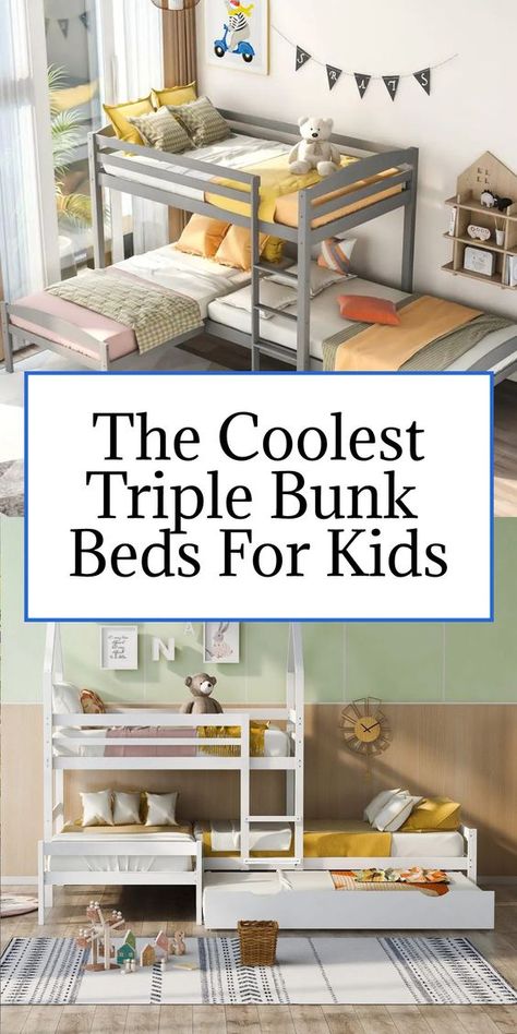 I’m happy to report that YES, triple bunks do exist, and they also come in some incredibly cool varieties. Triple bunks can help maximize floor space and provide families with flexible sleeping options. And as I found, they can also add in some play-based elements to a bedroom! #bunkbeds #triplebunkbeds #kidsroom #kidsroomdesign #sharedkidsroom #sharedroom #siblings 3 Twin Beds In Small Room, Small Bedroom Three Bed, 3 Sibling Room Sharing, Bunk Bed And Twin Bed In One Room, Bunk Bed For 3 Kids, Small Room For 3 Sisters, Triple Beds For Small Room, Bunk Beds For 3 Kids, Small Room 3 Beds