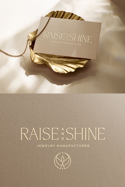 Jewelry Brand Design for Raise and Shine, a sustainable Gold Jewelry Manufacturer, focusing on sustainable materials. Baghira Design was asked to design the jewelry logo, packaging, business cards and more. Jewelry Store Logo Ideas, Luxury Jewelry Branding, Jewelry Logo Design Jewellery, Jewelry Brand Logo Ideas, Gold Jewelry Packaging, Jewelery Logos Design, Gold Logo Design Ideas, Gold Jewelry Business, Jewelry Logo Design Ideas Simple