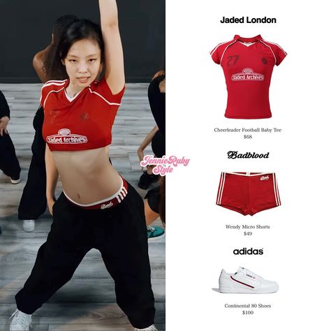 241015 - JENNIE ‘Mantra’ MV Rehearsal ❤️ #BLACKPINKSTYLE #BPINKSTYLE #BLACKPINK #블랙핑크 #JENNIE #제니 #JISOO #지수 #LISA #리사 #ROSÈ #로제 #JADEDLONDON #BADBLOOD #ADIDAS Jennie Adidas Outfit, Jennie Style Outfits, Jennie Adidas, Jennie Clothes, Aesthetic Closet, Outfit Closet, Blackpink Closet, Football Baby, Jaded London