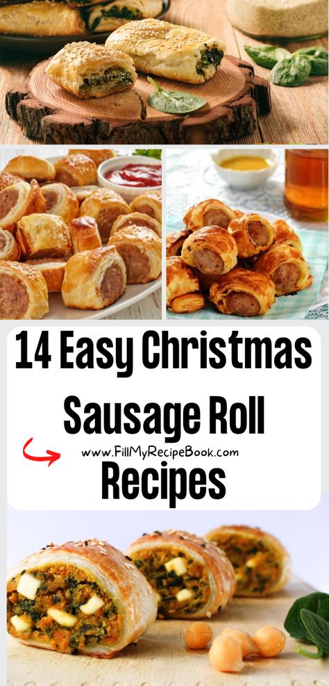 14 Easy Christmas Sausage Roll Recipes - Fill My Recipe Book Christmas Sausage Recipes, Sausage Roll Appetizer, Sausage Roll Ideas, Meals With Puff Pastry, Festive Sausage Rolls, Sausage Rolls With Puff Pastry, Christmas Picnic Food, Christmas Sausage Rolls, British Sausage Rolls Recipe