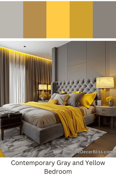 Contemporary Bedroom Design: Grey Tufted Headboard and Yellow Accents Yellow And Gray Bedroom Ideas, Grey Yellow Bedroom, Contemporary Bedroom Design Ideas, Yellow And Grey Bedroom, Grey Tufted Headboard, Grey And Yellow Bedroom, Mustard Bedroom, Yellow Gray Bedroom, Bedroom Concept