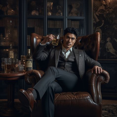 British Actor Henry Golding sitting on a leather chair toasting whiskey into the air. Glamore shot A Guy Sitting On A Chair, Man Reclining Pose, Gangster Poses Men, Chair Aesthetic Photography, Whiskey Aesthetic Man, Brutes Of Bristlebrook, Business Man Photoshoot, Man Sitting In Chair Pose, Man Drinking Whiskey