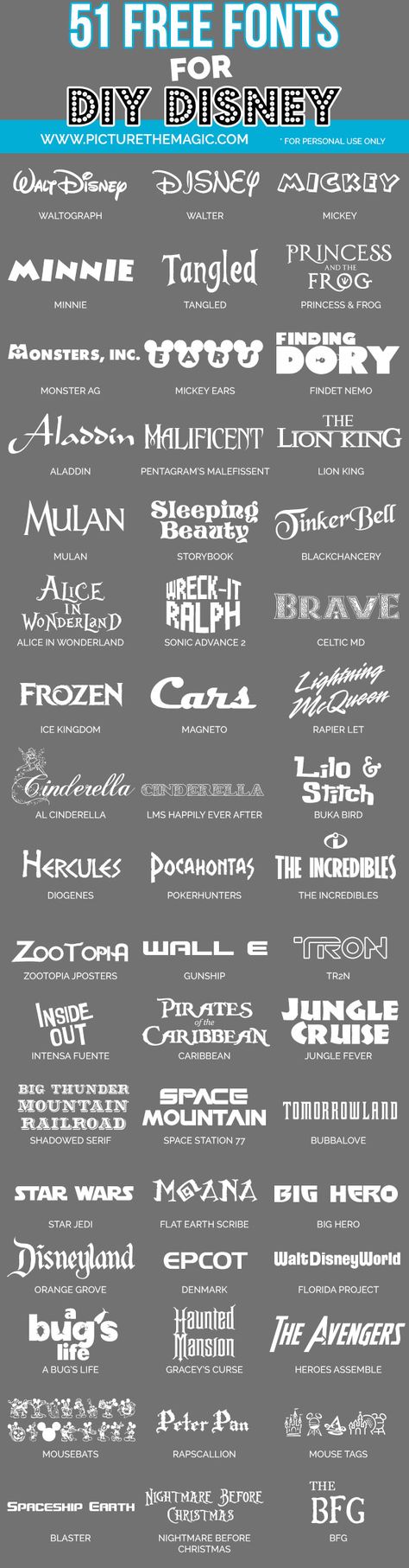 Wow! 58 free Disney fonts from Disney movies, Disney parks, etc. Cricut Pins, Scrapbook Disney, Font Ideas, Disney Font, Alfabet Letters, Images Disney, Movies Disney, Disney Ideas, Brush Script