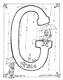 For the letter G we used the concept of God’s Grace as one that covers us like the umbrella from the rain in this image. Bible Letters, Bible Alphabet, Preschool Ministry, Abc Centers, Jesus Crafts, The Letter G, School Prep, Teaching Time, Bible Coloring Pages