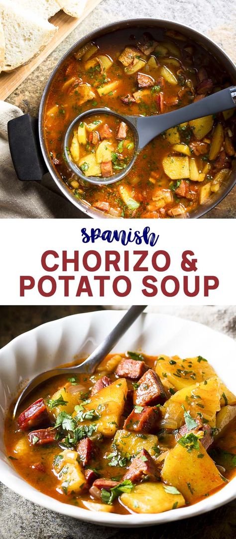 Spicy, creamy, and full of flavor! My Spanish potato and chorizo soup is simple to prepare and makes a satisfying and healthy dinner. Perfect for nights when you want dinner without any fuss. | justalittlebitofbacon.com #spanishrecipes #souprecipes #soup #spanish #chorizo #potatoes Appetizers Potato, Chorizo Recipes Dinner, Spanish Soup, Chorizo Soup, Spanish Potatoes, Spanish Chorizo, Chorizo And Potato, Chorizo Recipes, Soup Appetizers