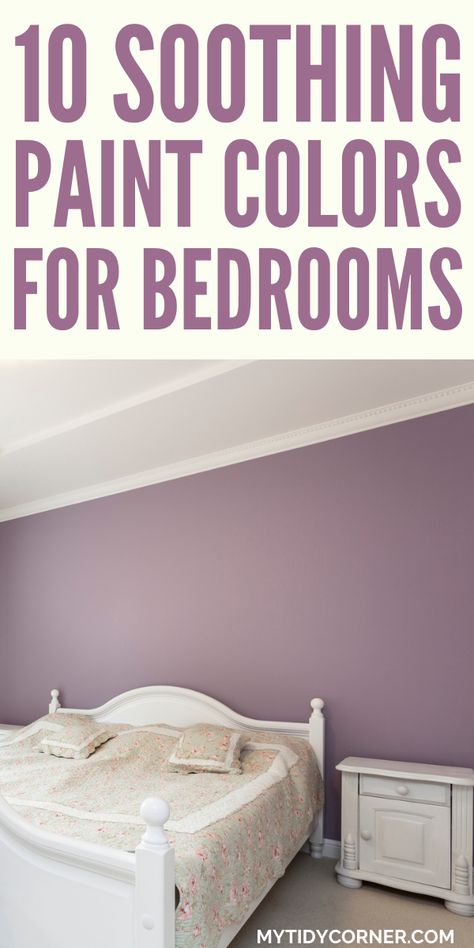 Discover the best paint colors for bedroom walls. These are relaxing paint colors to help turn your bedroom into a serene, soothing space that invites you to nap, dream and destress. These calming paint colors for bedrooms include blue, gray, neutral, dark gray etc. Best Colours For Bedroom Walls, Behr Purple Paint Colors Bedrooms, Best Purple Bedroom Paint Colors, Grayish Purple Paint Bedroom, Best Purple Wall Color, Wall Colour For Dark Brown Furniture, Paint Colours For Small Bedroom, Purple Paint For Bedroom Walls, Teenage Bedroom Colors