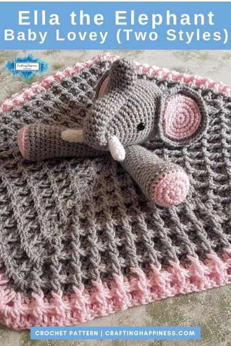 Ella the Elephant Lovey is a crochet pattern for a cute baby security blanket.  Make this animal baby lovey with this easy crochet pattern from Crafting Happiness  #crochetblankets #crochetafghans #babylovey #babysecurityblanket #crochetstitches #crochetpatterns #crochetanimals #crochetforbaby #crochetprojects #crochetbaby #babyblankets #nurseryideas #babiesnursery #animallovey Crochet Elephant Lovey Free Pattern Easy, Elephant Lovey Crochet Free Pattern, Crochet Baby Lovey Free Pattern, Crochet Elephant Lovey, Crochet Lovey Free Pattern, Crochet Elephant Pattern, Lovey Pattern, Crochet Lovey, Crochet Patterns Free Beginner