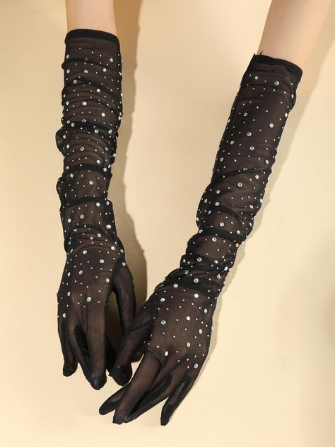 Black  Collar  Polyester   Embellished   Women Accessories Sparkly Gloves, Madrigal Dinner, Bling Socks, Fancy Gloves, Long Black Gloves, Gloves Diy, Lace Gloves, Black Gloves, Black Party