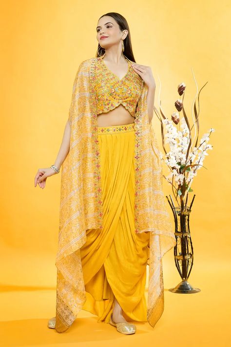 Yellow Silk Chandelier Print Cape And Dhoti Skirt Set Crop Top With Dhoti, Silk Chandelier, Dhoti Skirt, Organza Cape, Haldi Outfits, Kaftan Tunic, Haldi Outfit, Printed Organza, Wedding Lehenga Designs