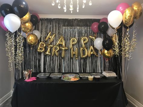 Pink, black and gold birthday theme Gold And Black Birthday Theme, Pink And Black Birthday Decorations, Pink Black And Gold Party Decorations, Black And Gold Birthday Theme, Black And Gold Birthday Decorations, Birthday Decorations Black And Gold, Birthday Decoration Ideas, Happy Birthday Decor, Simple Birthday Decorations