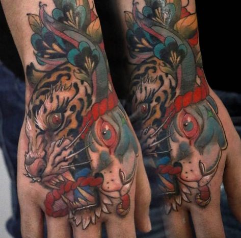 Tiger and rabbit on the hand  done by @hontattoostudio Tiger And Rabbit, Full Hand Tattoo, Rabbit Tattoo, Rabbit Tattoos, Asian Tattoos, Hand Tattoo, The Hand, Tattoo Drawings, I Tattoo