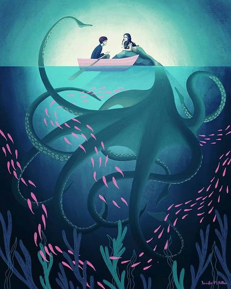 Artwork by Jennifer Potter. #squid #mermaid طوابع بريد, Lilla Rogers, Prințese Disney, Mermaid Drawings, Octopus Tentacles, Arte Obscura, Mermaid Art, Arte Fantasy, 판타지 아트