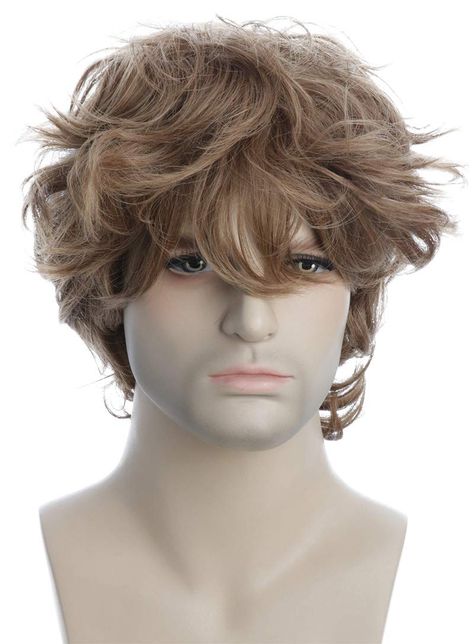 Karlery Male Mens Short Curly Fluffy Brown Wig with Bang Halloween Cosplay Wig Curly Side Part Wig, Curly Side Part, Brown Hair Male, Side Part Wig, Mullet Wig, Men's Wigs, Wig Party, Spiky Hair, Mens Wigs