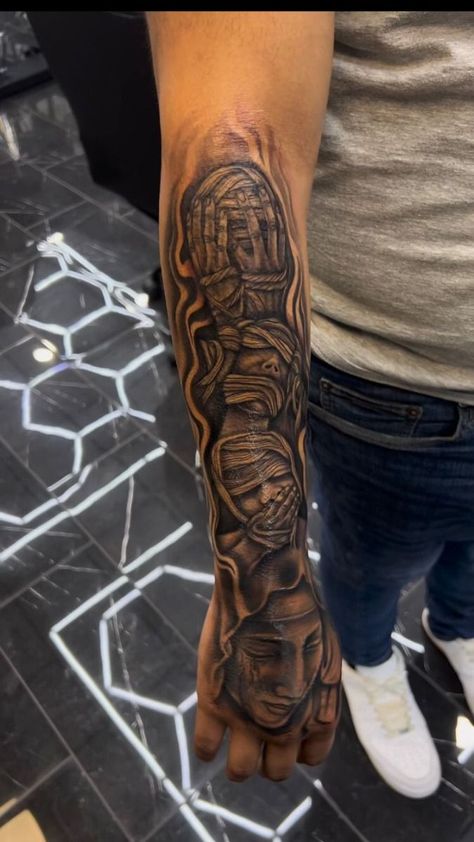 tattoo sombria -  #sombria #Tattoo Heaven Tattoos For Men Forearm, Black Sleeve Tattoos For Guys, Forearm Back Tattoo Men, Hand Half Sleeve Tattoo, Small Outer Forearm Tattoo Men, Half Sleeve With Hand Tattoo, Rare Hand Tattoos For Men, Custom Sleeve Tattoo Design, Full Hand Tattoo Ideas For Men