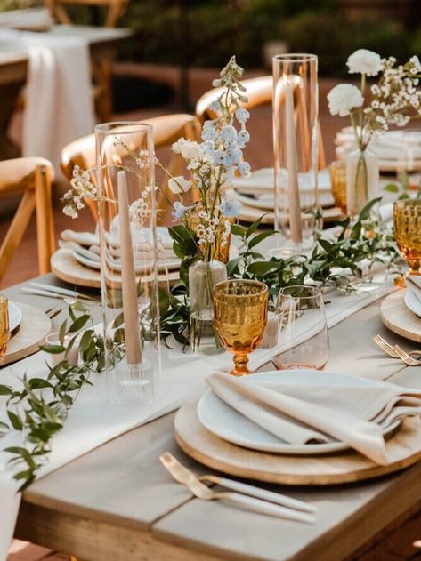 Neutral Boho Centerpiece, Minimal Florals Wedding, Simple Elegant Wedding Centerpieces Long Table, Taper Candle Centerpiece, Long Table Centerpieces, Taper Candles Wedding, Colored Taper Candles, Long Table Wedding, Wedding Candles Table