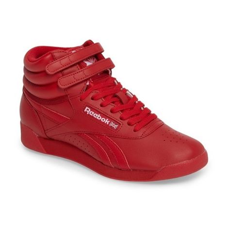 Women's Reebok Freestyle Hi Sneaker (2.005 UYU) ❤ liked on Polyvore featuring shoes, sneakers, red, reebok sneakers, red hi tops, leather sneakers, leather shoes and red shoes Reebok High Tops, Reebok Freestyle Hi, Reebok Freestyle, Red Trainers, Red High Tops, Chic Leather, Casual Sneakers Women, Reebok Women, Leather High Tops