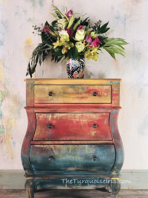 Start the day inspired by this uplifting multi color piece by @theturquoiseiris ! It’s absolutely beautiful!  #handpaintedfurniture #paintedfurniture #homedecor #flowers #furnituremakeover #upcycledfurniture #upcycle #multicolor #flowers #cheerful Dresser Rustic, Rustic Furniture Design, Vintage Upcycling, Rustic Farmhouse Furniture, Rustic Furniture Diy, Diy Dresser Makeover, Unicorn Spit, Painted Furniture Ideas, Funky Furniture