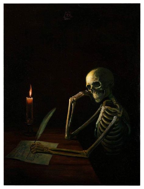 "Untitled" by Mike Davis ☠️ A Skeleton, Skeleton, Desk, Writing, Art