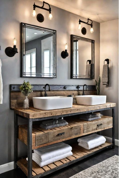 Farmhouse bathroom vanity with a concrete countertop Farmhouse Vanity, Serene Bathroom, Farmhouse Bathroom Vanity, Bathroom Retreat, Rustic Bathroom Vanities, Rustic Bathroom Decor, Stunning Bathrooms, Chic Bathrooms, Budget Bathroom