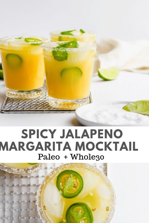 Spicy Jalapeno Margarita Mocktail - a simple and refreshing margarita mocktail! #whole30 #mocktail #margaritamocktail #whole30mocktail Refresher Drinks, Margarita Mocktail, Mocktail Drinks, Easy Margarita, Jalapeno Margarita, Alcohol Free Drinks, Drink Recipes Nonalcoholic, Spicy Margarita, Lemon Drink