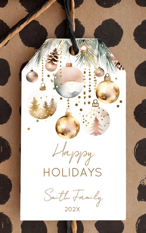 Boho Christmas holiday snowy pines gold baubles Gift Tags watercolor pines gold baubles gift tags Christmas Packaging Design Inspiration, Free Printable Christmas Labels, Free Christmas Labels, Christmas Packaging Design, Gold Baubles, Merry Christmas Gift Tags, Xmas Sticker, Hot Stamp, Gift Labels Christmas