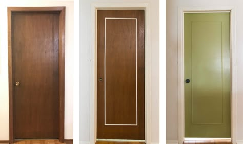 Update Wood Doors, Painted Doors And Trim Hallway, Diy Door Upgrade Ideas, Mcm Door Trim, Mid Century Modern Door Trim, Mid Century Trim Molding, Mid Century Modern Doors Interior, Painting Old Doors, Old Door Renovation