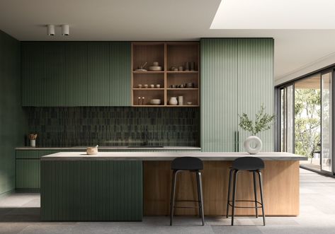 Laminex introduce new profiled door and drawer fronts - The Interiors Addict Green Kitchen Aesthetic, Green Kitchen Designs, Timber Kitchen, Kitchen Aesthetic, The Local Project, Retro Interior, Vertical Design, Australian Homes, Traditional Interior