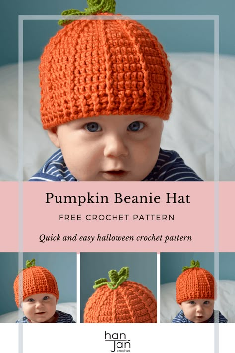 Learn to crochet a baby pumpkin hat for Halloween and Fall with this free crochet pattern by HanJan Crochet. In sizes newborn baby, toddler, child and adult, it even has a stalk and leaf on top! Perfect for beginners or anyone wanting a quick crochet project. #pumpkinbeanie #crochetpumpkinhat #babypumpkinhat Pumpkin Hat Pattern, Pumpkin Beanie, Crochet Pumpkin Hat, Baby Hat Free Pattern, Beanie Hat Pattern, Crochet Baby Beanie, Crochet Baby Hat Patterns, Fall Crochet Patterns, Crochet Baby Hat