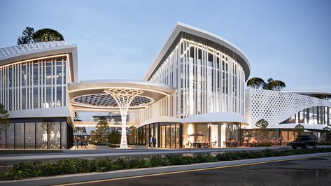 Building Atrium Design, Commercial Center Architecture, Multipurpose Building Design, Gym Facade Design, Luxury Building Office, Mall Building Design, Mall Design Architecture Exterior, Atrium Design Architecture, Y2k Architecture