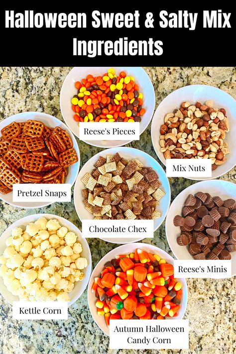 Halloween Sweet And Salty Snack Mix Recipe Ingredients For The Best Halloween Snack Mix. This Fall Harvest Snack Mix is made with sweet and salty snacks including Reese's Pieces, Pretzel Snaps, Chocolate, Chex, Mixed Nuts, Kettle Corn, Autumn Halloween Candy Corn Mix, and Reese's Minis. This Halloween Snack Mix is perfect for a hike this fall, or to enjoy with a cold pumpkin brew. Fall Treats Preschool, Fall Snacks For Class Party, Sweet And Crunchy Halloween Chex Mix Recipes, Halloween Popcorn Trail Mix Recipe, Fall Snack Mixes Gluten Free, Trail Mix Recipes Fall, Halloween Snack Mix With Candy Corn, Halloween Sweet And Salty Snack, Halloween Trail Mix Bar