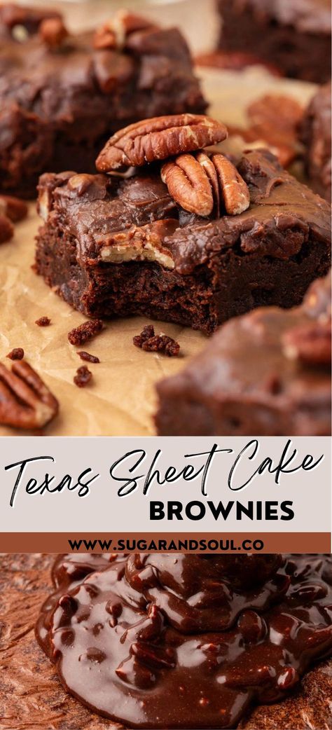 Fudgy, chewy Texas Sheet Cake Brownies are the ultimate way to deliver dessert to a crowd! This recipe uses pantry staple ingredients and a one-pot stovetop method to achieve the most divine brownies covered in chocolaty icing with chopped nuts! via @sugarandsoulco Sheet Brownies, Chocolate Cake Mix Brownies, Texas Sheet Cake Brownies, Sheet Cake Brownies, Brownies With Icing, Texas Brownies, Frozen Sheet Cake, Sheet Pan Brownies, Best Chocolate Brownies