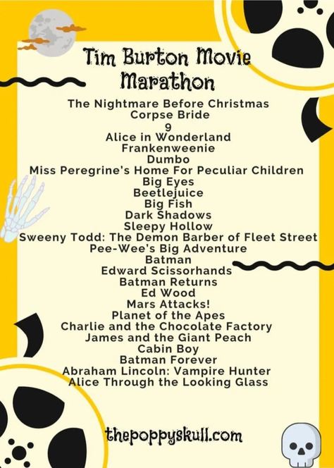 Halloween Marathon Movies, All Tim Burton Movies, Movies Marathon List, Tim Burton Books, Tim Burton Movie Marathon, Halloween Movie Marathon List, Tim Burton Movies List, Tim Burton Party Ideas, Movie Ideas To Watch