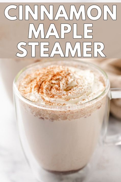 Spiced, warm milk in a glass mug. Warm Cinnamon Milk, Steamer Recipes Milk, Cinnamon Steamer, Milk Steamer Recipes, Maple Steamer, Warm Milk Recipes, Cinnamon Milk Recipe, Warm Milk Recipe, Diy Coffee Shop