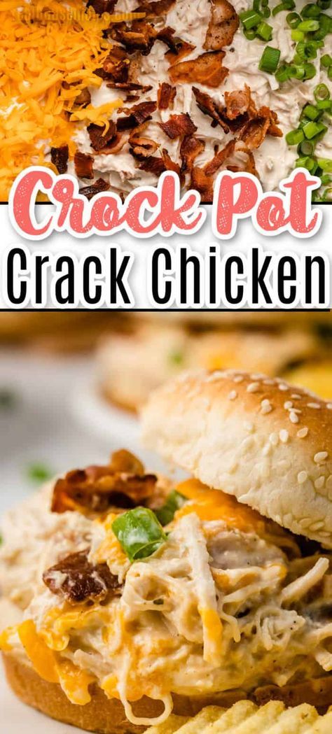 Creamy, cheesy & SO addicting, Crock Pot Crack Chicken is the dinner of your dreams! Crazy easy to make, delicious as is, or serve on buns! #RealHousemoms #crackchicken #chickenrecipe #crockpot #slowcooker #easydinner #sandwiches Crock Meals, Chicken Crockpot Recipes Easy, Chicken Recipies, Chicken Sliders, Crock Pot Chicken, Crockpot Dishes, Crockpot Recipes Slow Cooker, Dinner Recipes Crockpot, Chicken Dishes Recipes