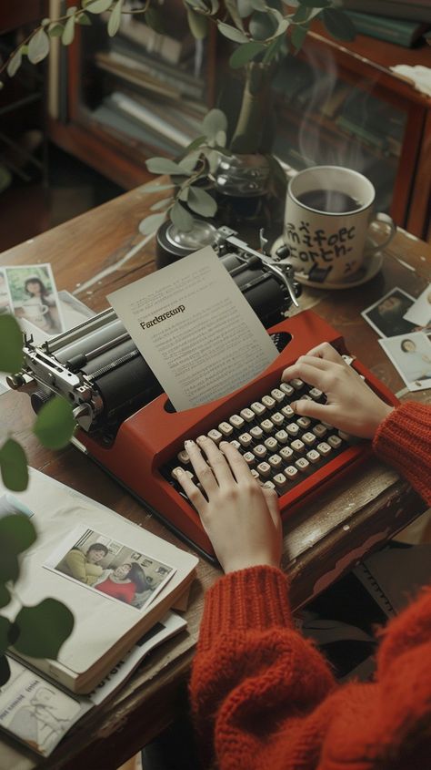 "Vintage #WritingProcess: An individual in a warm sweater is typing on an #AntiqueTypewriter among various personal items. #Typewriter #Vintage #Writing #Creativity #Nostalgia #AIArt #AIPhoto #StockCake ⬇️ #Download and 📝 #Prompt 👉 https://stockcake.com/i/vintage-writing-process_709075_607072". Women Writing Aesthetic, Typewriter Photoshoot, Creative Process Aesthetic, Woman Writing Aesthetic, Vintage Typewriter Aesthetic, Script Writing Aesthetic, Writing A Book Aesthetic, Typewriter Photography, Christmas Ideas For Mum