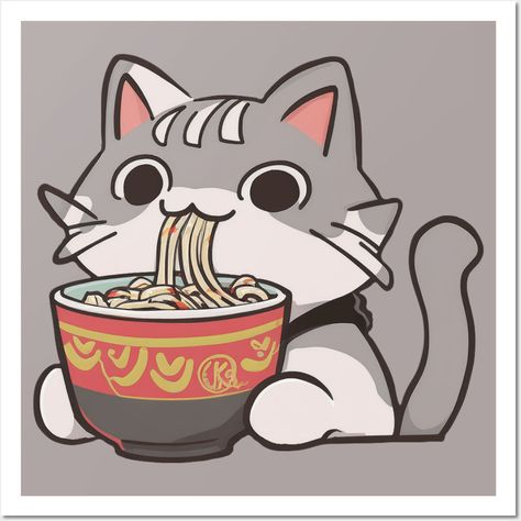 Cat Eating Ramen Drawing, Coffee Sketch Illustration, Cat Food Illustration, Cat Eating Drawing, Cat With Food, Eating Illustration, Ramen Design, Cat Eating Ramen, Hot Ramen