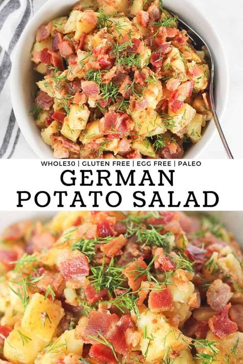 Hot German Potato Salad is an easy healthy and simple side dish that's perfect eaten both warm or cold! It's made in under 30 minutes and is naturally gluten free, dairy free, egg free and Whole30! #finishedwithsalt #potatosalad #healthy #easy #sidedish #bbq #whole30 #bacon | finishedwithsalt.com Hot German Potato Salad, Whole30 Salad, German Potato Salad Recipe, Paleo Side Dishes, For Dinner, Paleo Sides, Bacon Potato Salad, German Potato, German Potatoes