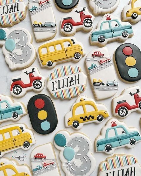 Kerstyn Lott on Instagram: "Beep beep vroom vroom 🚗🚕🚓🚙 Cute little cars from a cute little invite #decoratedsugarcookies #sugarcookies #cookiedecorating #cookieinspo #customcookies #royalicingcookies #instacookies #carcookies #transportationcookies #birthdaycookies #beepbeep #dallascookies #dallasmoms #friscocookies #friscomoms #mckinneycookies #mckinneymoms #confettiyeticookies" Transportation Birthday Cookies, Transportation Cookies Decorated, Car Cookies Decorated, Car Birthday Cookies, Transportation Birthday Theme, Cars Trucks Birthday Party, Transportation Cookies, Boys Bday Cakes, Transportation Birthday Party