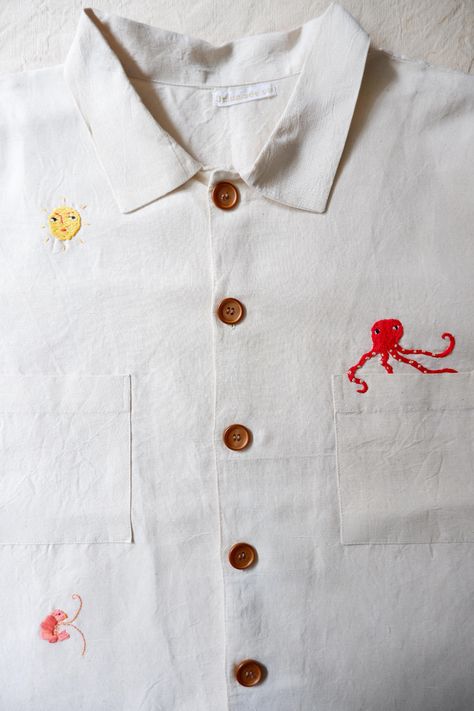 Vintage Embroidered Shirt, Upcycle Clothes Embroidery, Embroidered Kids Clothes, Embroider Clothing, Hand Embroidery On Clothes, Diy Embroidered Shirt, Boys Summer Shirts, Hand Embroidered Shirt, Embroidery Shirts