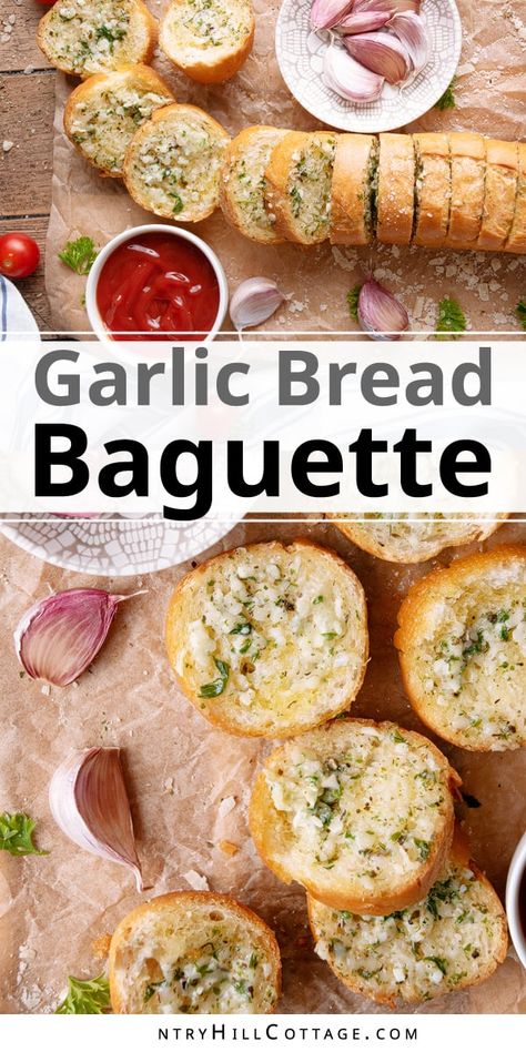 French Bread Garlic Bread Easy, French Baguette Ideas, French Baguette Recipe Appetizers, Garlic Baguette Recipe, Baguette Recipe Appetizers, Baggett Bread Appetizer, Baguette Garlic Bread, Baguette Garlic Cheese Bread, French Baguette Garlic Bread