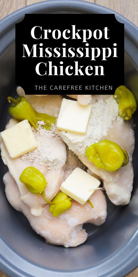 This easy crock pot Mississippi Chicken is tender, juicy and scrumptious. I'ts made by slow cooking chicken breasts with ranch seasoning, chicken gravy mix, zesty pepperoncini and butter, it's perfect for serving over mashed potatoes, noodles or on a bun. Your family dinners couldn't get any easier that with this easy chicken dinner recipe. Mission Chicken Crockpot, Chicken In A Crock Pot Recipes, Pepperocini Chicken Crockpot Crock Pot, Chicken Tender Dinner Ideas Crockpot, Crockpot Chicken Au Jus, Crop Pot Chicken Recipes, Chicken Ranch Pepperocini Crockpot, Grilled Mississippi Chicken, Crock Pot Chicken Dinners Easy