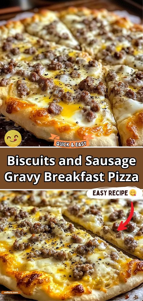 Transform your breakfast into a savory feast with our Biscuits and Sausage Gravy Breakfast Pizza. This dish layers fluffy biscuit dough with rich, creamy sausage gravy, crowned with a perfectly cooked egg and a sprinkle of cheddar cheese. It's a hearty start to the day that’s both comforting and satisfying. #BreakfastPizza #SausageGravy #HeartyBreakfast Biscuit And Gravy Pizza Bisquick Crust, Breakfast Ground Sausage Recipes, Biscuits & Sausage Gravy Breakfast Pizza, Biscuits & Gravy Breakfast Pizza, Breakfast Pizza Recipe Gravy, Food For The Family, Biscuits And Gravy Pizza With Bisquick, Biscuit And Sausage Gravy Breakfast Pizza, Breakfast Pizza With Sausage Gravy