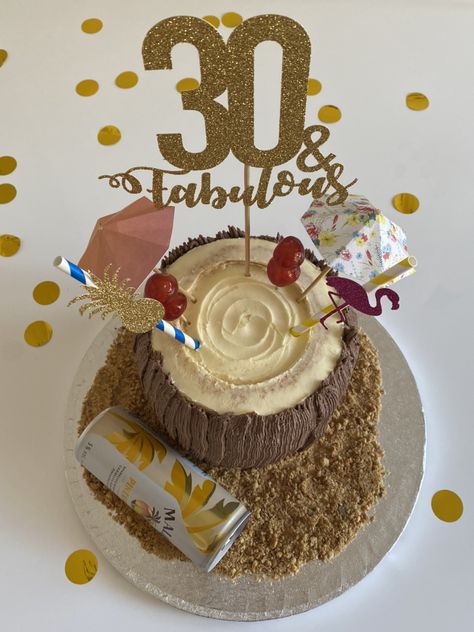 Victoria sponge inside with jam. Chocolte and vanill buttercream and digestive samd Coconut themed pina colada cake Pina Colada Cake, 30th Birthday Cake, 30 Birthday Cake, Victoria Sponge, Pina Colada, 30th Birthday, Butter Cream, Jam, Birthday Cake