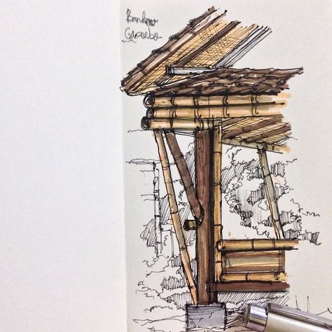 Bamboo joint Bamboo House Sketch, Bamboo Construction Detail Drawing, Bamboo Sketch, Bamboo Drawing, Bamboo Roof, Bamboo Building, Tree Structure, Bamboo House Design, Section Drawing